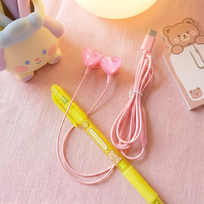 Type-C cartoon wired earphones with cute accessories, semi in ear pink earphones with built-in microphone and volume control