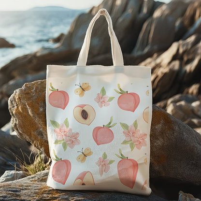 1 piece, peach blossom fruit canvas handbag, reusable grocery bag