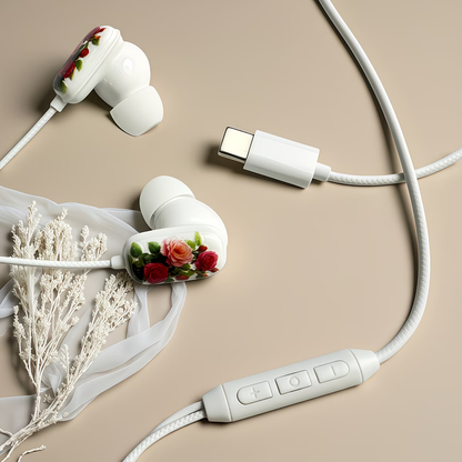 Novelty designed wired headphones, premium printed rose pattern, high-definition microphone, music adjustment, and volume control